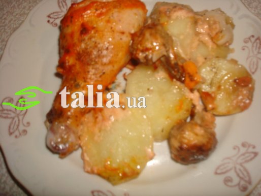 Рецепт. Картофель в духовке с голенью и грибами