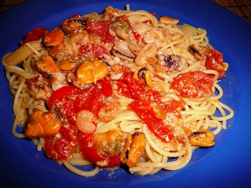 Рецепт. Спагетти с морепродуктами